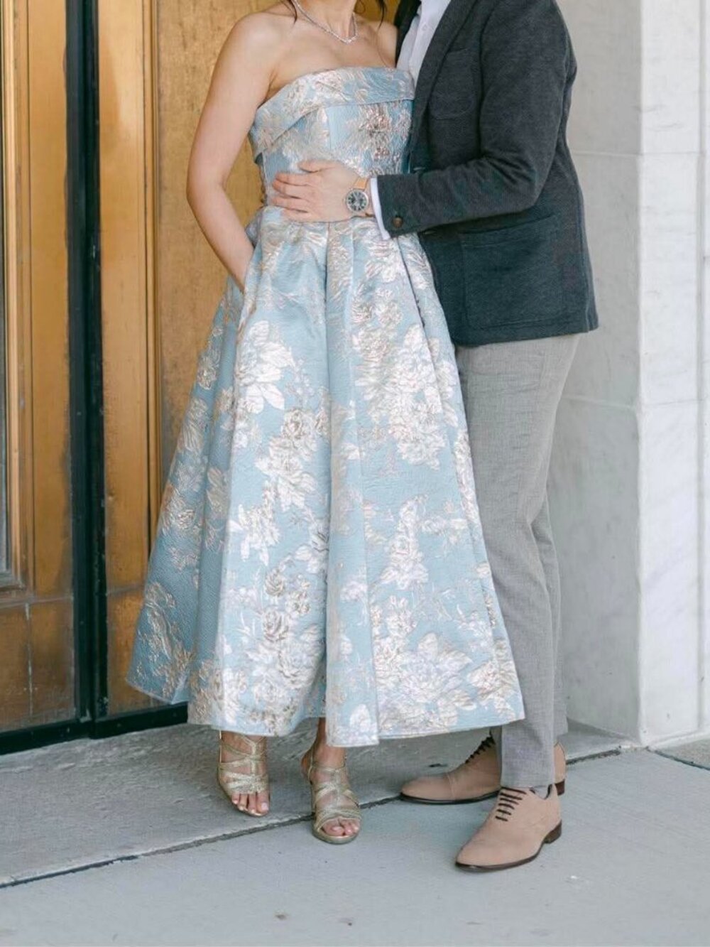 Mac Duggal Blue & Gold Brocade Dress – Formal / Special Occasion